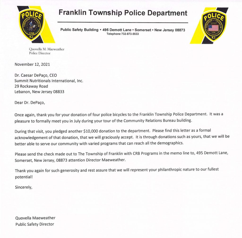 Franklin Township Police Department - Dr DePaco Follow up donation